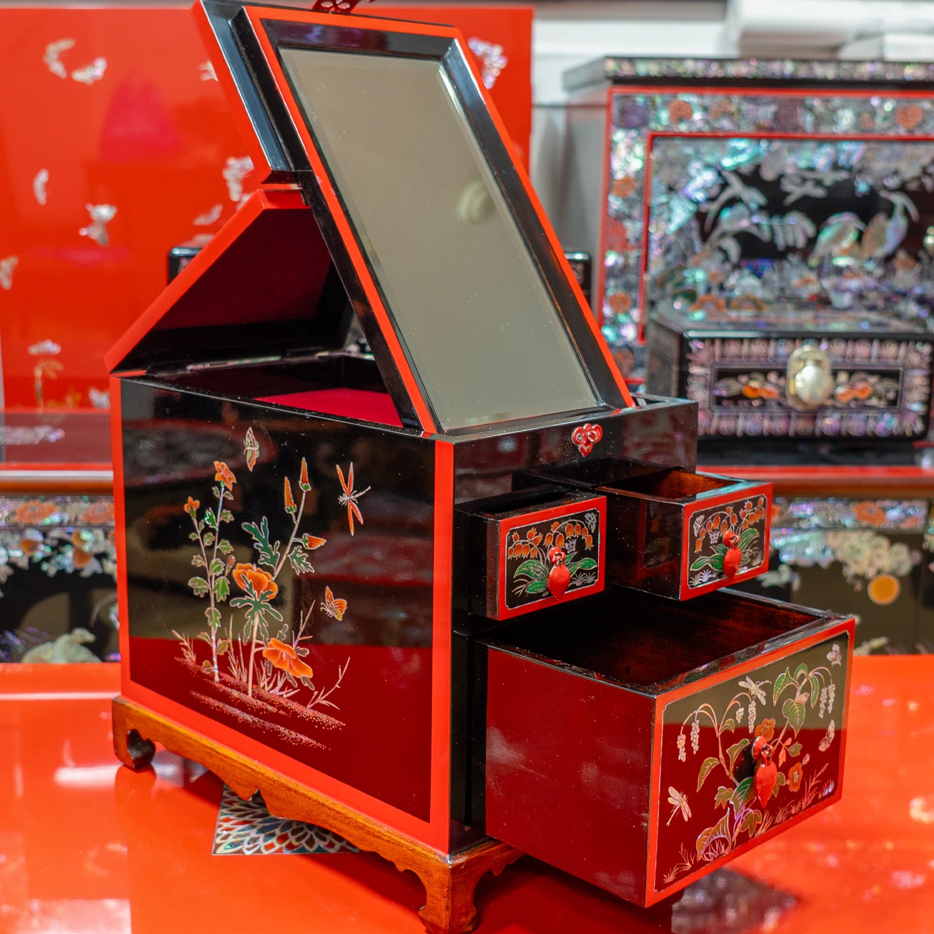 The Garden of Eternal Harmony - Grand Master's Mirror Chest with Inlaid Flora, Butterflies, and Insects