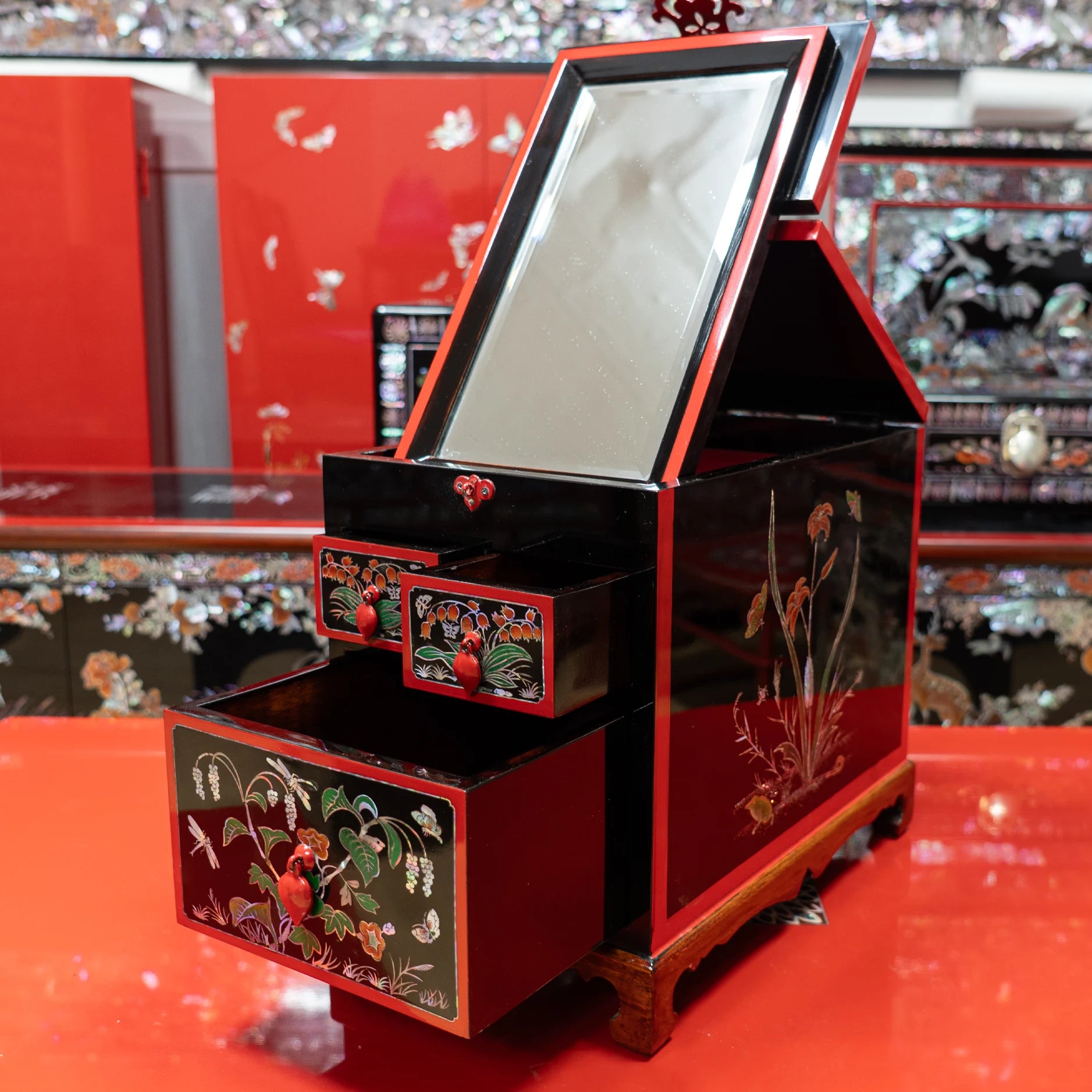 The Garden of Eternal Harmony - Grand Master's Mirror Chest with Inlaid Flora, Butterflies, and Insects