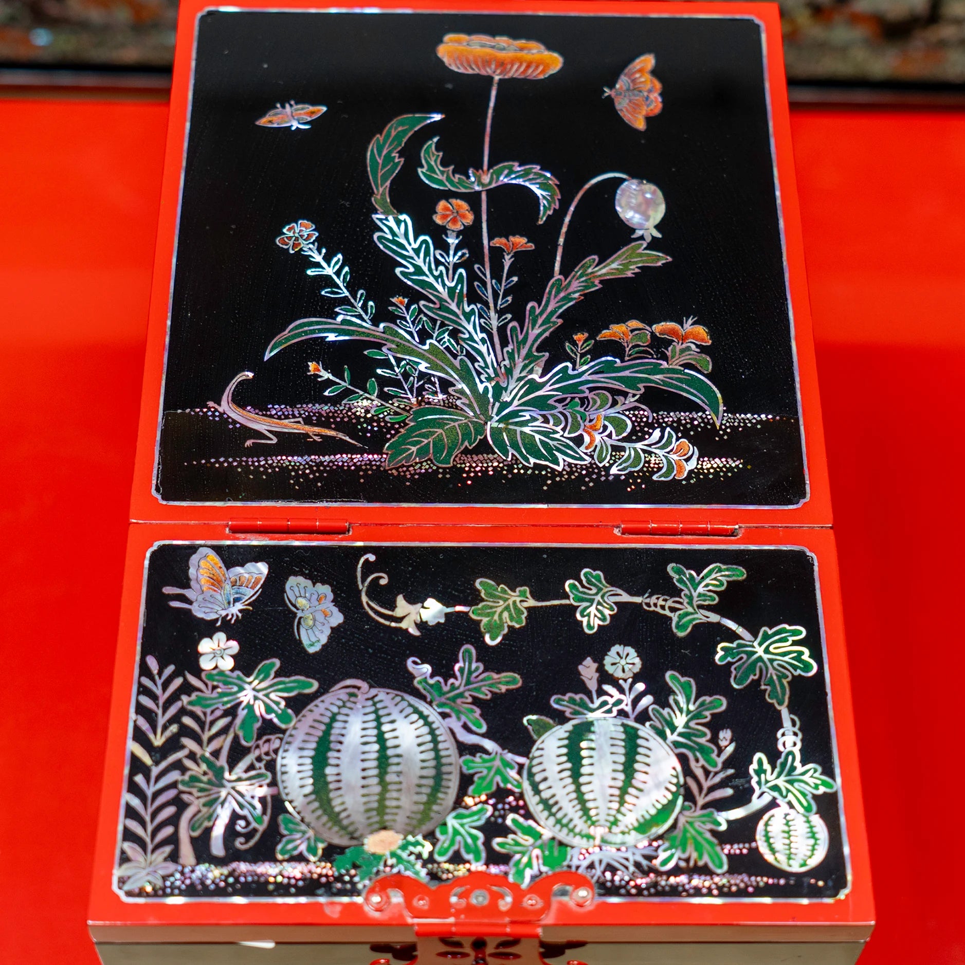 The Garden of Eternal Harmony - Grand Master's Mirror Chest with Inlaid Flora, Butterflies, and Insects