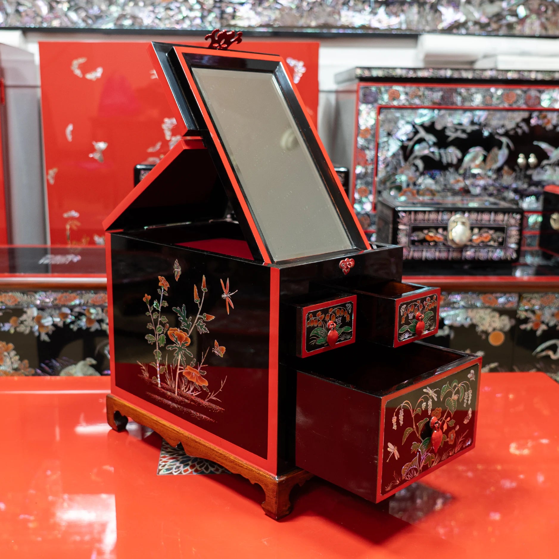 The Garden of Eternal Harmony - Grand Master's Mirror Chest with Inlaid Flora, Butterflies, and Insects